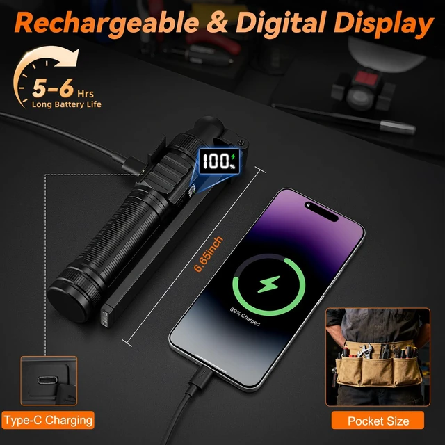 Alt view image 3 of 7 - 4Pack Magnetic Rechargeable LED Work Light/Flashlight for Mechanics All Aluminum, 1500 High Lumens, Digital Display, 7 Modes, 360° Rotation, for Car Repairing, Emergency, Gifts for Father