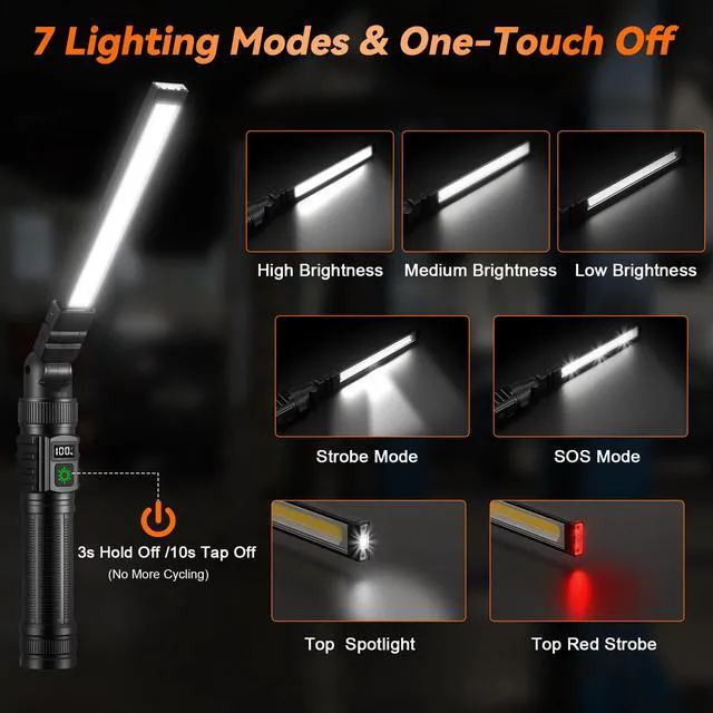 Alt view image 5 of 7 - 4Pack Magnetic Rechargeable LED Work Light/Flashlight for Mechanics All Aluminum, 1500 High Lumens, Digital Display, 7 Modes, 360° Rotation, for Car Repairing, Emergency, Gifts for Father