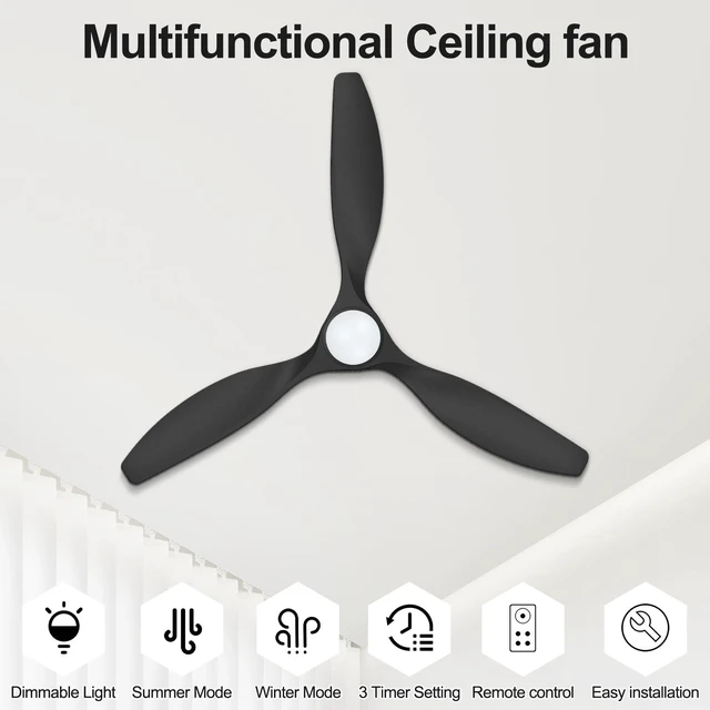 Alt view image 2 of 7 - 52 Inch Black Ceiling Fans with Lights and Remote Ultra Quiet,Reversible,Dimmable Light,Cool Comfort,6-Speed,Timers,Beep-Off,Easy to Install,Energy saving,Indoor/Covered Patio