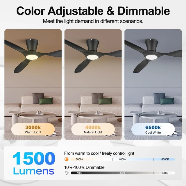 Alt view image 3 of 7 - 52 Inch Black Ceiling Fans with Lights and Remote Ultra Quiet,Reversible,Dimmable Light,Cool Comfort,6-Speed,Timers,Beep-Off,Easy to Install,Energy saving,Indoor/Covered Patio