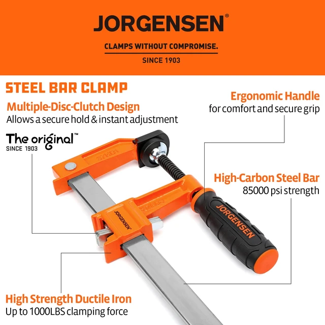 Alt view image 2 of 5 - 12" Heavy-Duty Steel Bar Clamp Set, 1000 lbs Load Limit, 2-Pack F Clamps for Woodworking, Metalworking and DIY Projects