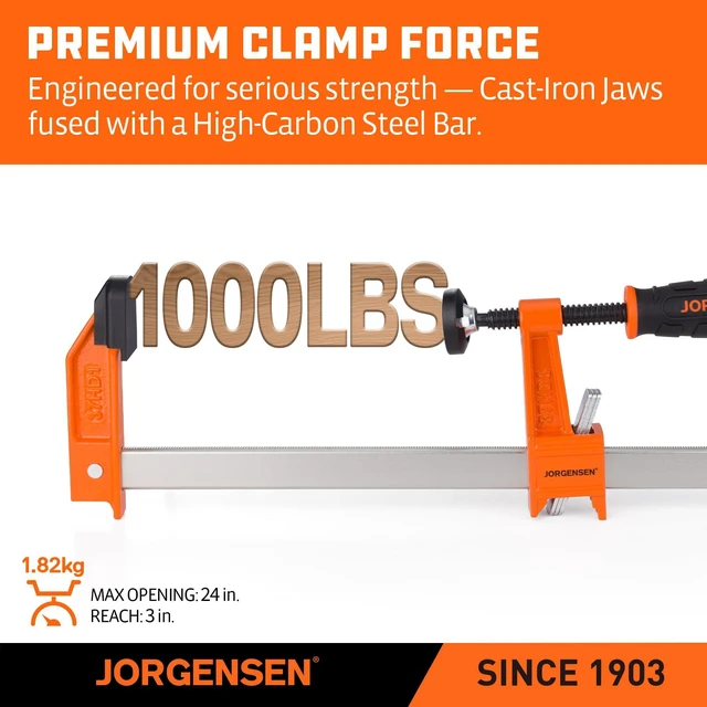 Alt view image 3 of 6 - 24" Heavy-Duty Steel Bar Clamp Set, 1000 lbs Load Limit, 2-Pack F Clamps for Woodworking, Metalworking and DIY Projects