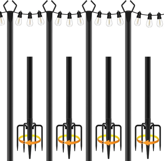 Main image of 4 Pack 10 ft Heavy Duty Metal String Light Poles Adjustable Outdoor Lighting Stand for Patio,Backyard,Garden,Party & Wedding Rustproof & Sturdy with Hooks
