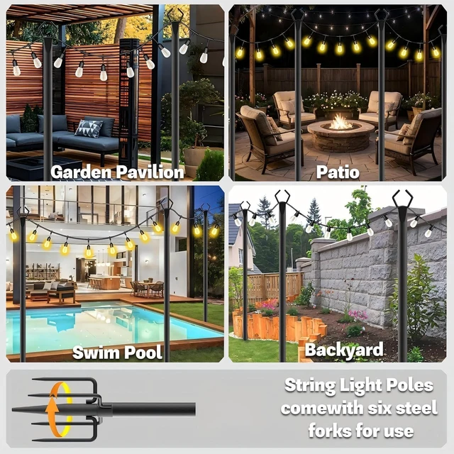 Alt view image 2 of 7 - 4 Pack 10 ft Heavy Duty Metal String Light Poles Adjustable Outdoor Lighting Stand for Patio,Backyard,Garden,Party & Wedding Rustproof & Sturdy with Hooks