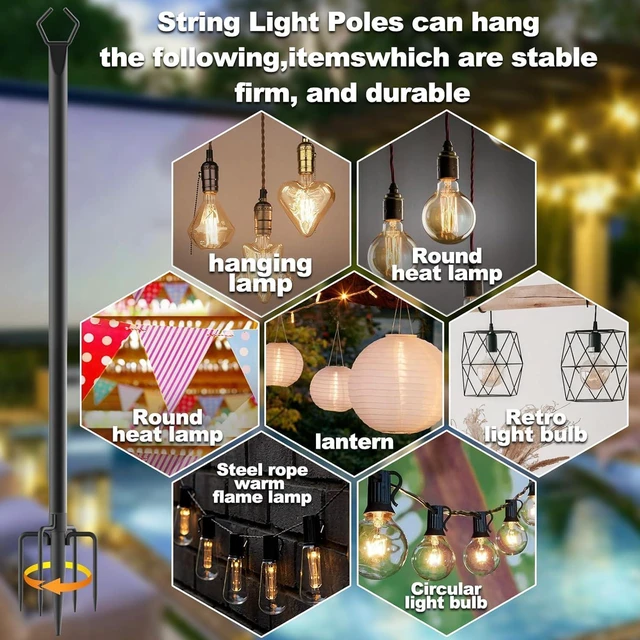 Alt view image 3 of 7 - 4 Pack 10 ft Heavy Duty Metal String Light Poles Adjustable Outdoor Lighting Stand for Patio,Backyard,Garden,Party & Wedding Rustproof & Sturdy with Hooks
