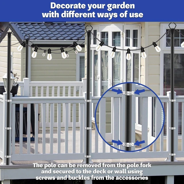Alt view image 4 of 7 - 4 Pack 10 ft Heavy Duty Metal String Light Poles Adjustable Outdoor Lighting Stand for Patio,Backyard,Garden,Party & Wedding Rustproof & Sturdy with Hooks