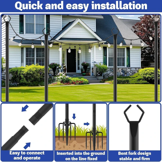 Alt view image 5 of 7 - 4 Pack 10 ft Heavy Duty Metal String Light Poles Adjustable Outdoor Lighting Stand for Patio,Backyard,Garden,Party & Wedding Rustproof & Sturdy with Hooks