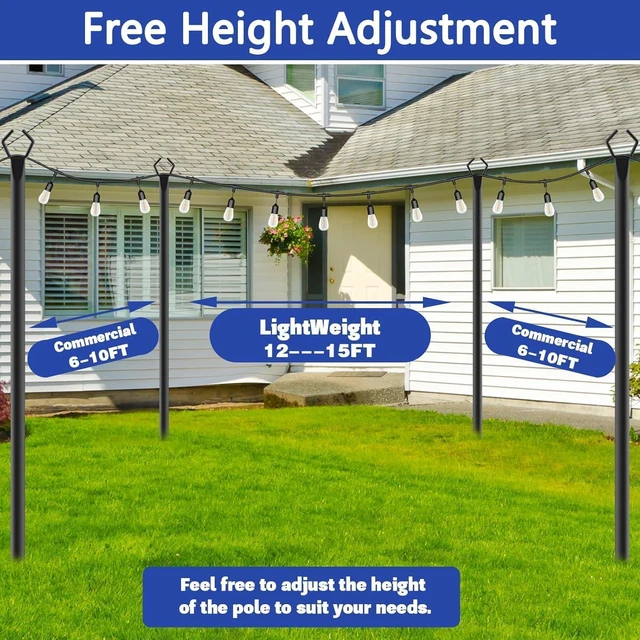 Alt view image 6 of 7 - 4 Pack 10 ft Heavy Duty Metal String Light Poles Adjustable Outdoor Lighting Stand for Patio,Backyard,Garden,Party & Wedding Rustproof & Sturdy with Hooks