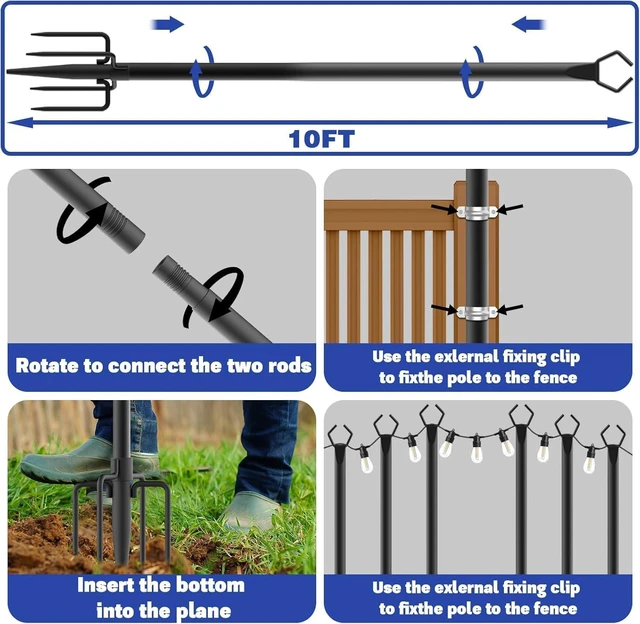 Alt view image 7 of 7 - 4 Pack 10 ft Heavy Duty Metal String Light Poles Adjustable Outdoor Lighting Stand for Patio,Backyard,Garden,Party & Wedding Rustproof & Sturdy with Hooks