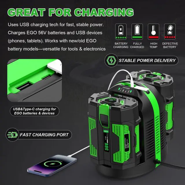 Alt view image 5 of 7 - Rapid Dual-Charging Replacement for EGO Battery Charger CH2800D, Compatible with EGO Charger CH2100 CH3200 CH2800D for EGO 56V Battery BA2800 BA4200 BA1400 BA5600 & Power+ Cordless Tools