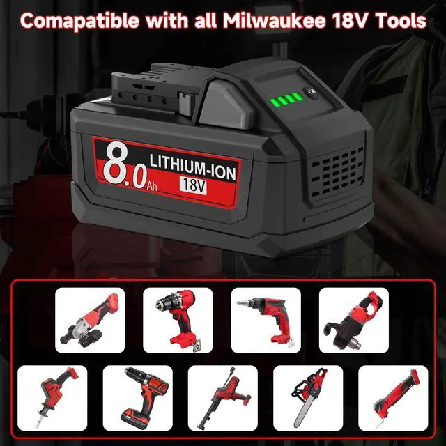 Alt view image 2 of 7 - 2Pack 8.0Ah Replacement for Milwaukee M18 Battery Charger Kit 18V Batteries Compatible with 18 Volt 8-11-1810 48-11-1815 48-11-1820 48-11-1850 48-11-1828 48-11-1860 Cordless Power Tools