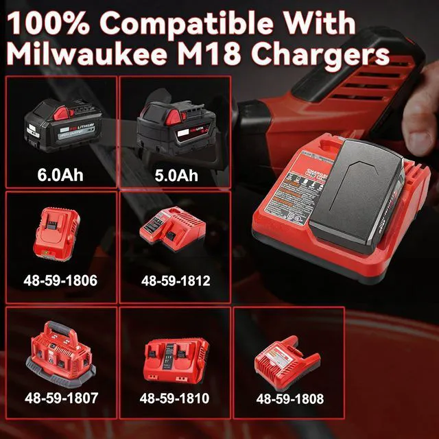 Alt view image 3 of 7 - 2Pack 8.0Ah Replacement for Milwaukee M18 Battery Charger Kit 18V Batteries Compatible with 18 Volt 8-11-1810 48-11-1815 48-11-1820 48-11-1850 48-11-1828 48-11-1860 Cordless Power Tools