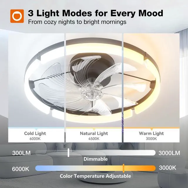 Alt view image 2 of 7 - 20" Low Profile Fandelier Ceiling Fans with Lights and Remote, Black 3000-6000K Dimmable LED, 6 Speeds, Reversible DC Motor, Remote and App Control, Memory Function, Timer, Quiet