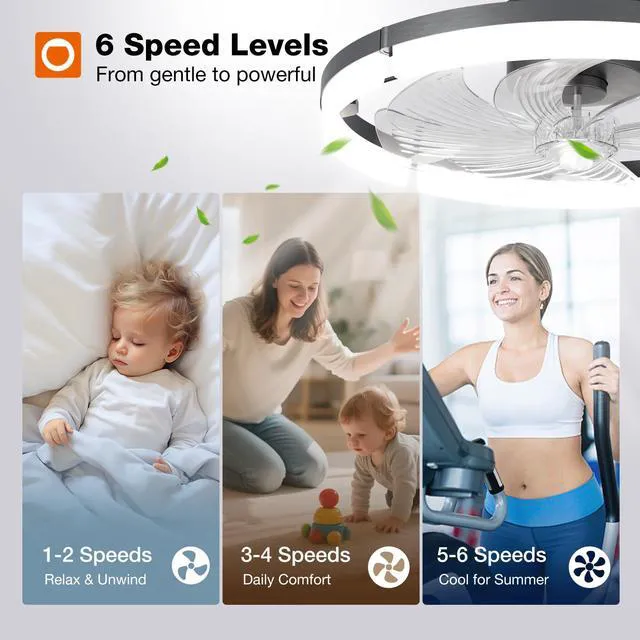 Alt view image 5 of 7 - 20" Low Profile Fandelier Ceiling Fans with Lights and Remote, Black 3000-6000K Dimmable LED, 6 Speeds, Reversible DC Motor, Remote and App Control, Memory Function, Timer, Quiet