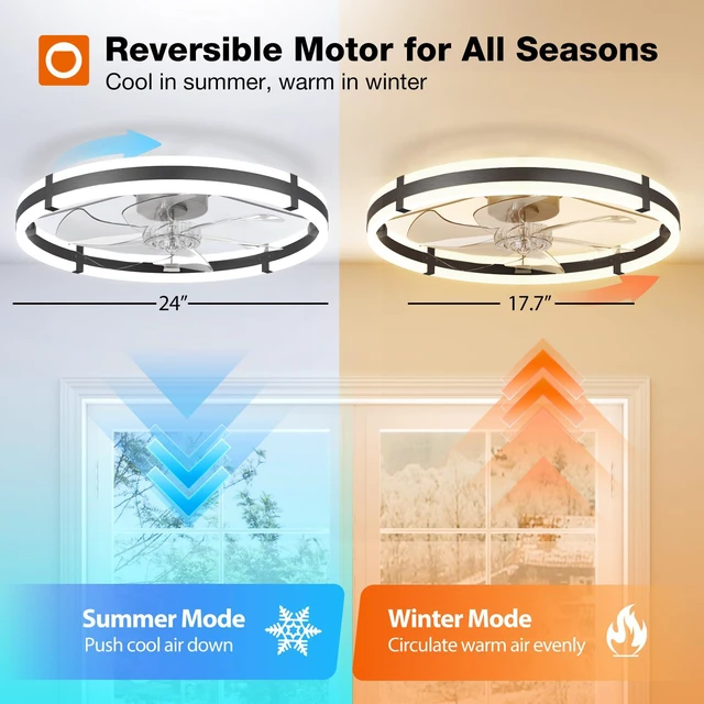 Alt view image 4 of 7 - 24" Low Profile Fandelier Ceiling Fans with Lights and Remote, Black Wider Airflow, 3000-6000K Dimmable LED, 6 Speeds, Reversible DC Motor, Remote and App Control, Memory Function, Timer, Quiet