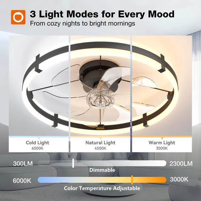 Alt view image 3 of 7 - 24" Low Profile Fandelier Ceiling Fans with Lights and Remote, Black Wider Airflow, 3000-6000K Dimmable LED, 6 Speeds, Reversible DC Motor, Remote and App Control, Memory Function, Timer, Quiet