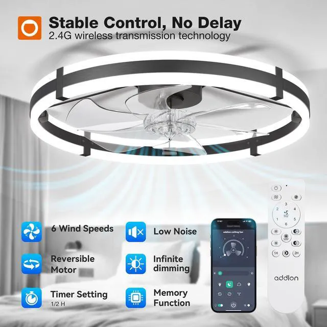 Alt view image 5 of 7 - 24" Low Profile Fandelier Ceiling Fans with Lights and Remote, Black Wider Airflow, 3000-6000K Dimmable LED, 6 Speeds, Reversible DC Motor, Remote and App Control, Memory Function, Timer, Quiet
