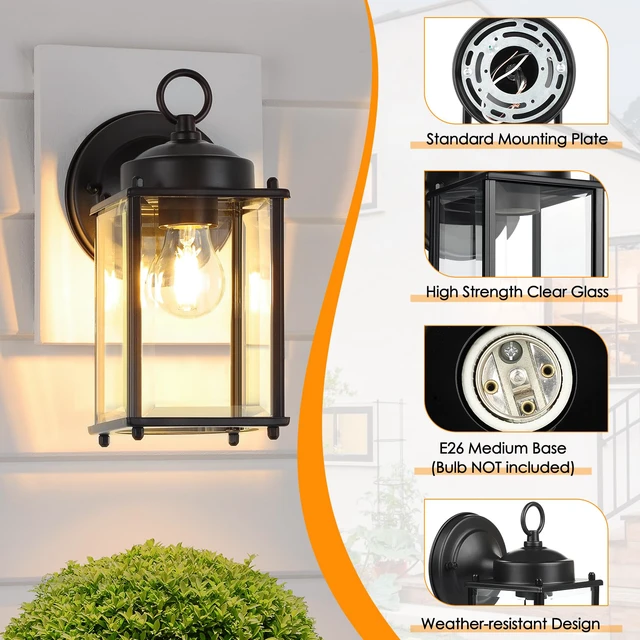 Alt view image 4 of 7 - Outdoor Wall Lantern, Exterior Waterproof Wall Sconce Light Fixtures, Black Front Door Lighting, Anti-Rust E26 Socket Porch Lamp, 2 Pack