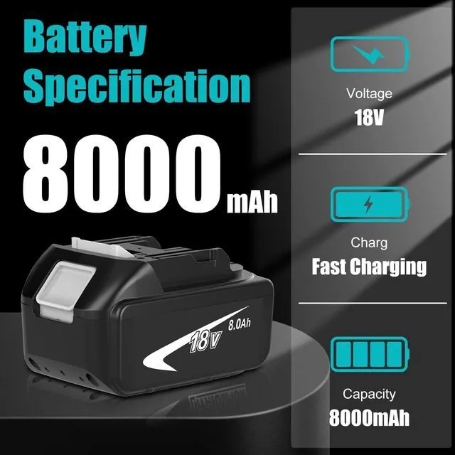Alt view image 2 of 7 - 4 Pack Upgraded 8000mAh BL1860B Replacement for Makita 18V Battery (White) Compatible with Makita 18 Volt Battery BL1815 BL1820B BL1830 BL1840 BL1850 BL1840B BL1850B Cordless Tools with LED Indicator