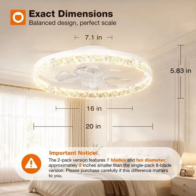 Alt view image 2 of 7 - 2 Pack 20 Inch Low Profile Ceiling Fans with Lights, Remote, White Flush Mount Fandelier, 3CCT Dimmable LED, Bluetooth App/Remote, Timer, Memory, Reversible DC Motor, Bedroom/Kids room