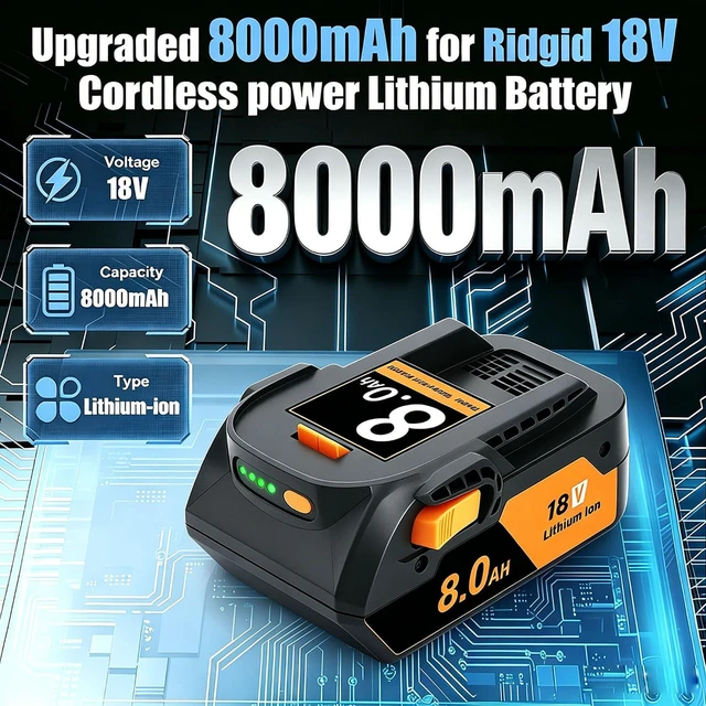 Alt view image 2 of 7 - 2Pack 8.0Ah Replacement for Ridgid 18V Battery and Charger Compatible with Ridgid 18 Volt Lithium Battery R840087 R840085 R840086 R840089 R840083 AC840087P AC840085 AC840086 AC840089 Cordless Tools