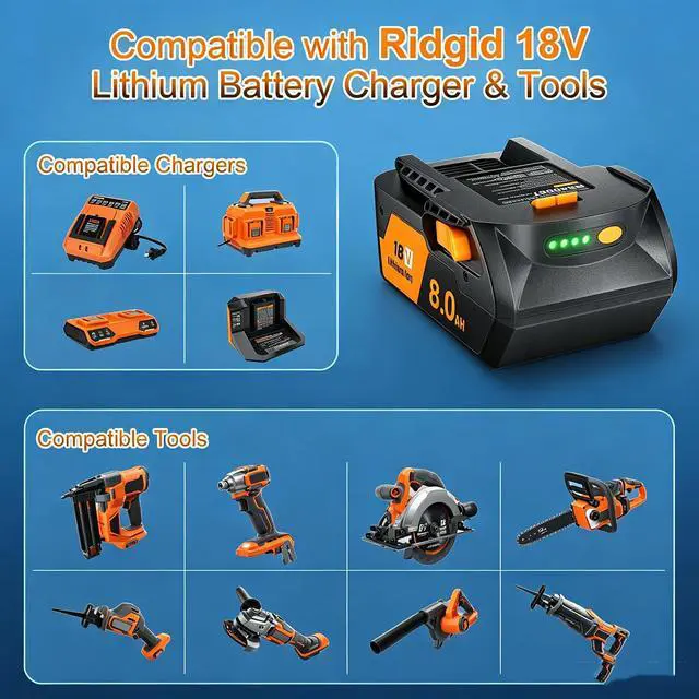 Alt view image 6 of 7 - 2Pack 8.0Ah Replacement for Ridgid 18V Battery and Charger Compatible with Ridgid 18 Volt Lithium Battery R840087 R840085 R840086 R840089 R840083 AC840087P AC840085 AC840086 AC840089 Cordless Tools