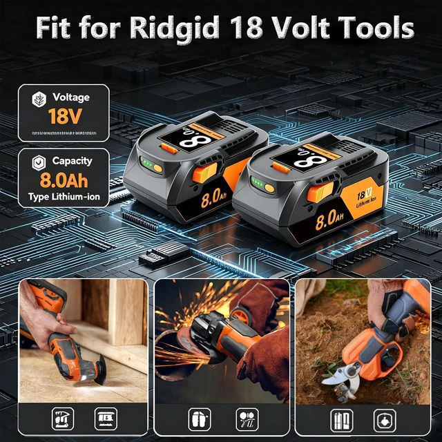 Alt view image 7 of 7 - 2Pack 8.0Ah Replacement for Ridgid 18V Battery and Charger Compatible with Ridgid 18 Volt Lithium Battery R840087 R840085 R840086 R840089 R840083 AC840087P AC840085 AC840086 AC840089 Cordless Tools