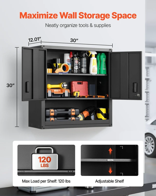 Alt view image 3 of 7 - Metal Wall Cabinet, 30W x 12.01D x 30H Inch, Steel Floating Hanging Storage Cabinet with Locking Doors and Adjustable Shelf for Garage, Basement, Kitchen, Warehouse Assembly Required, Black