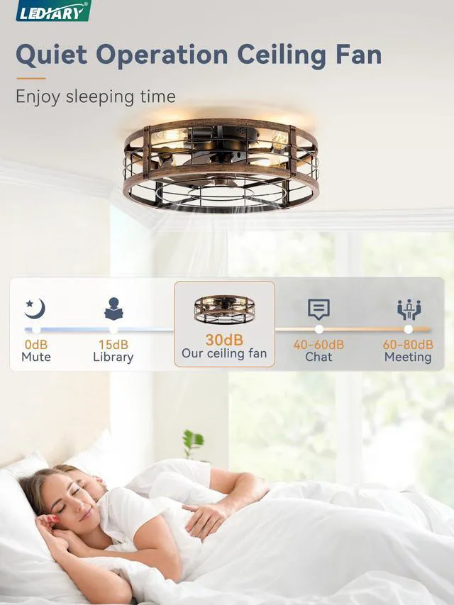 Alt view image 3 of 7 - 20" Caged Low Profile Ceiling Fan with Light and Remote Black Gold Flush Mount, Bladeless Enclosed Fandelier, 6 Speed, Quiet Powerful DC, Rustic,Farmhouse, Small, Bedroom, Kitchen, Indoor