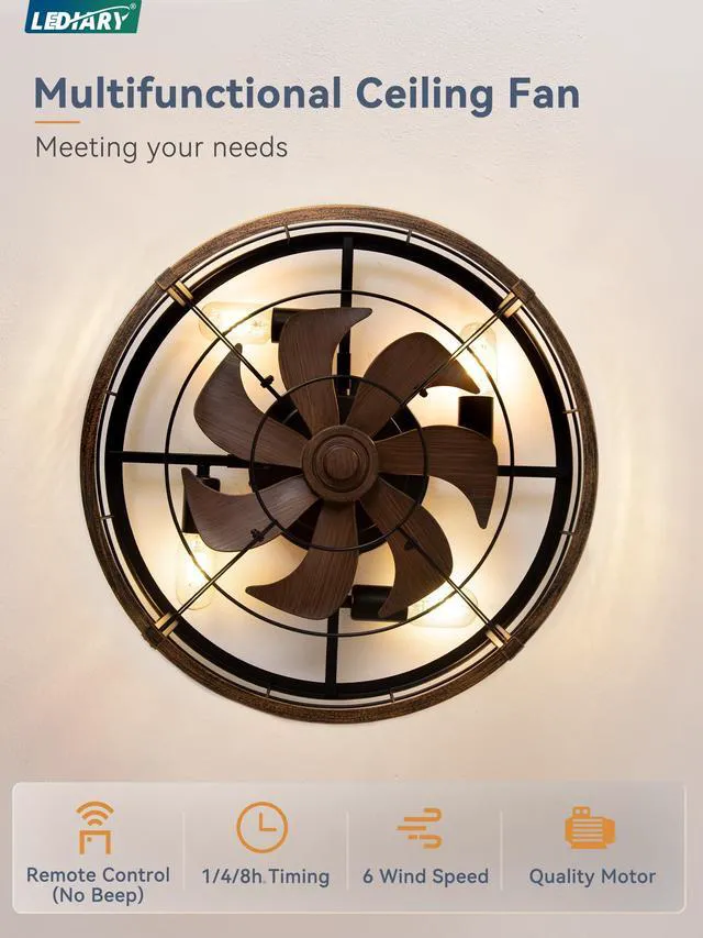 Alt view image 5 of 7 - 20" Caged Low Profile Ceiling Fan with Light and Remote Black Gold Flush Mount, Bladeless Enclosed Fandelier, 6 Speed, Quiet Powerful DC, Rustic,Farmhouse, Small, Bedroom, Kitchen, Indoor