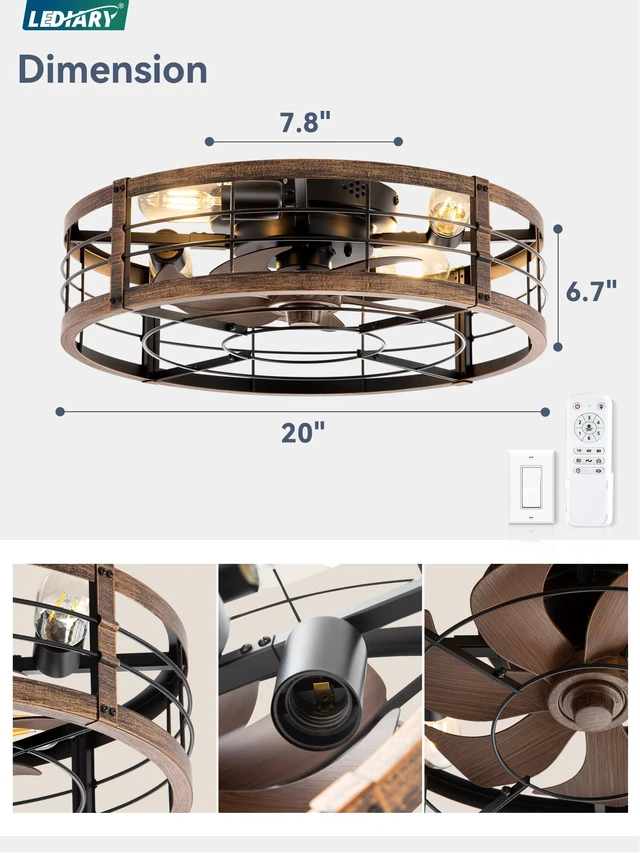 Alt view image 7 of 7 - 20" Caged Low Profile Ceiling Fan with Light and Remote Black Gold Flush Mount, Bladeless Enclosed Fandelier, 6 Speed, Quiet Powerful DC, Rustic,Farmhouse, Small, Bedroom, Kitchen, Indoor