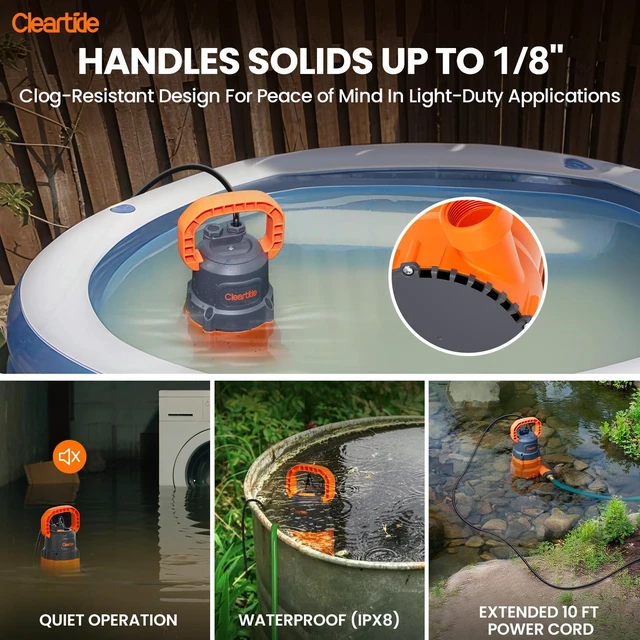 Alt view image 6 of 7 - Submersible Utility Water Pump, 2160 GPH Portable Sump Pump with Copper Motor, Plug and Work for Pond, Garden Watering, Pool Transfer, or Hot Tub Emptying