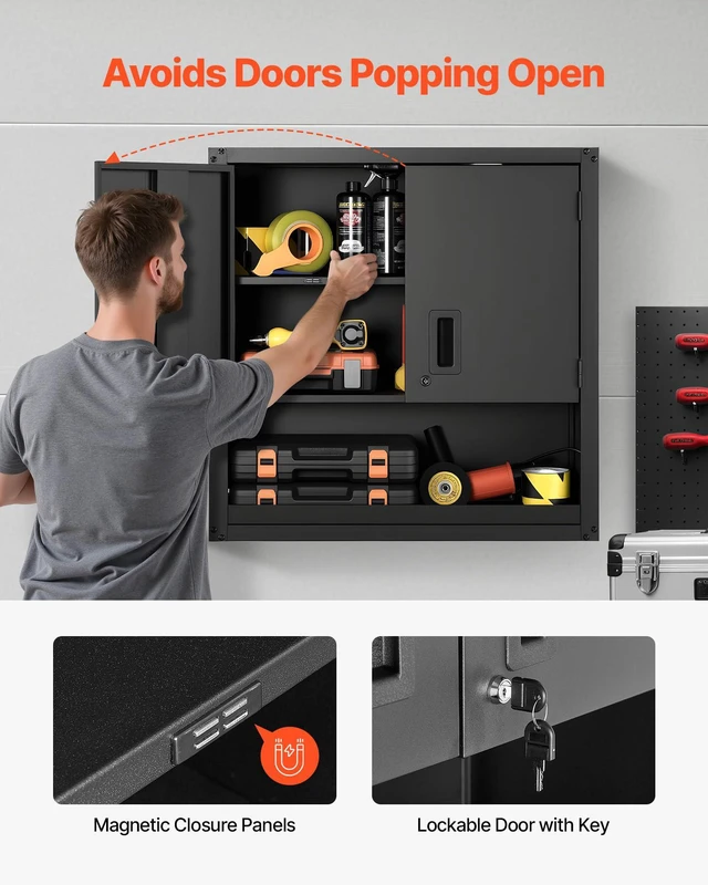 Alt view image 5 of 7 - Metal Wall Cabinet, 30W x 12.01D x 30H Inch, Steel Floating Hanging Storage Cabinet with Locking Doors and Adjustable Shelf for Garage, Basement, Kitchen, Warehouse Assembly Required, Black