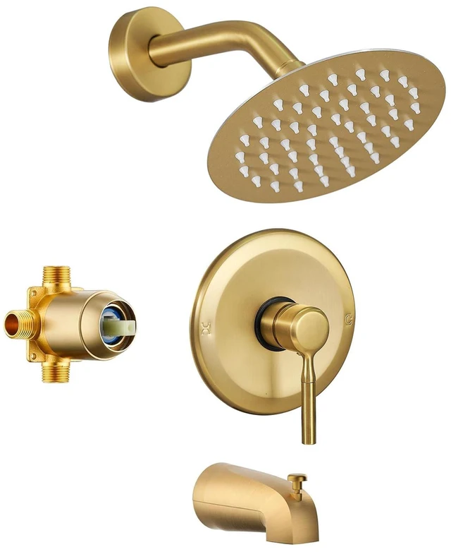 Main image of Tub Shower Faucet Set (Valve Included) with 6-Inch Rain Shower Head and Tub Spout Single-Handle Tub and Shower Trim Kit Brushed Gold