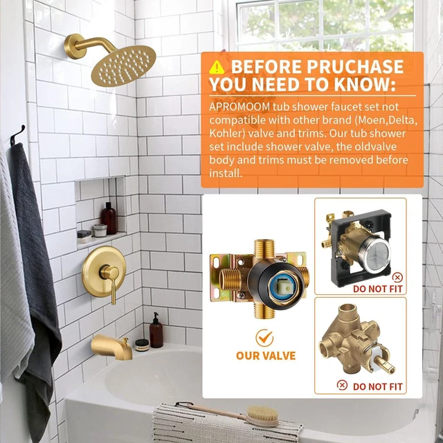 Alt view image 2 of 7 - Tub Shower Faucet Set (Valve Included) with 6-Inch Rain Shower Head and Tub Spout Single-Handle Tub and Shower Trim Kit Brushed Gold