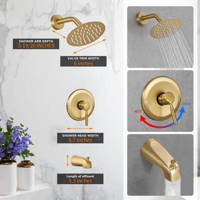 Alt view image 3 of 7 - Tub Shower Faucet Set (Valve Included) with 6-Inch Rain Shower Head and Tub Spout Single-Handle Tub and Shower Trim Kit Brushed Gold