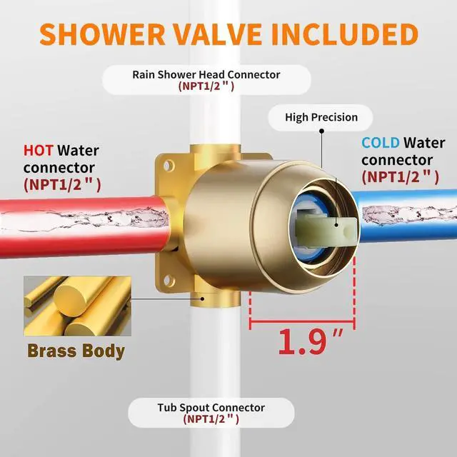 Alt view image 7 of 7 - Tub Shower Faucet Set (Valve Included) with 6-Inch Rain Shower Head and Tub Spout Single-Handle Tub and Shower Trim Kit Brushed Gold