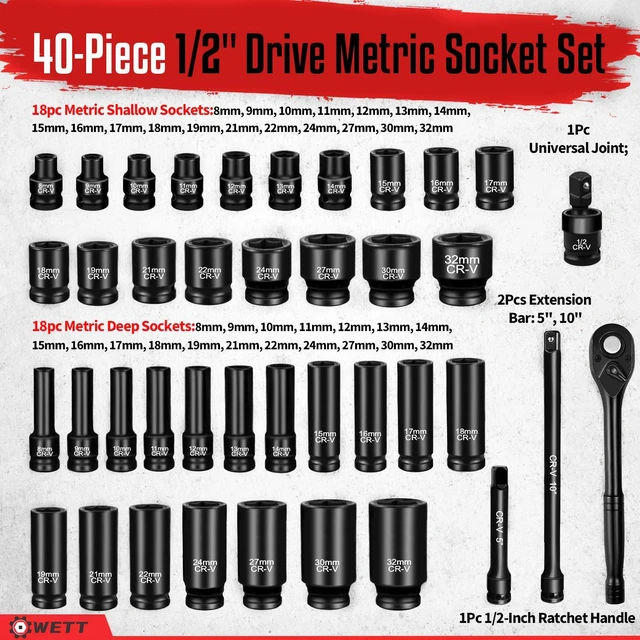 Alt view image 2 of 7 - 1/2" Drive Impact Socket Set, 40Pcs Metric Socket Wrench Set (8-32mm), Heavy Duty Standard Sockets Assortment, Deep/Shallow, 1/2-Inch Ratchet Handle, 5", 10" Extension Bar, Universal Joint