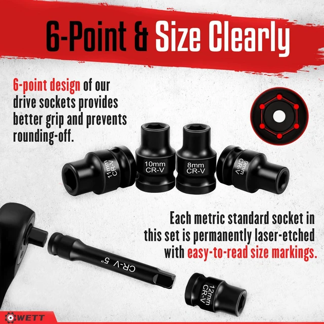 Alt view image 3 of 7 - 1/2" Drive Impact Socket Set, 40Pcs Metric Socket Wrench Set (8-32mm), Heavy Duty Standard Sockets Assortment, Deep/Shallow, 1/2-Inch Ratchet Handle, 5", 10" Extension Bar, Universal Joint
