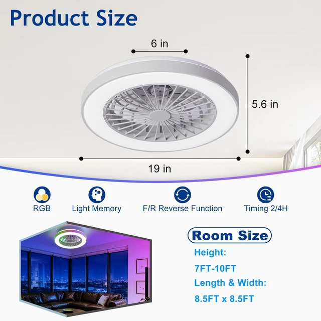 Alt view image 2 of 7 - RGB Ceiling Fan with Light: 19" Enclosed Low Profile Flush Mount LED Ceiling Fans with Remote Control - Modern White Bladeless Fandelier Dimmable Quiet DC Motor for Bedroom KTV Room