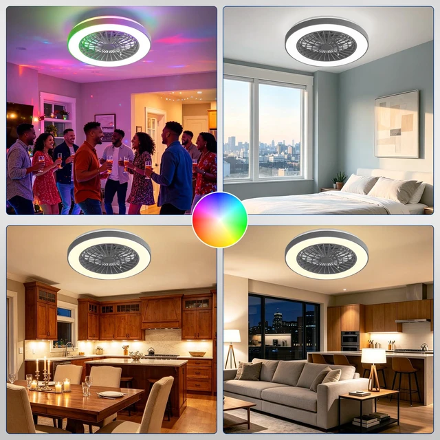 Alt view image 3 of 7 - RGB Ceiling Fan with Light: 19" Enclosed Low Profile Flush Mount LED Ceiling Fans with Remote Control - Modern White Bladeless Fandelier Dimmable Quiet DC Motor for Bedroom KTV Room