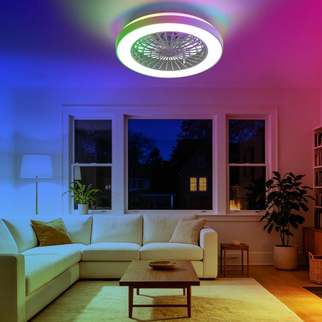 Alt view image 7 of 7 - RGB Ceiling Fan with Light: 19" Enclosed Low Profile Flush Mount LED Ceiling Fans with Remote Control - Modern White Bladeless Fandelier Dimmable Quiet DC Motor for Bedroom KTV Room