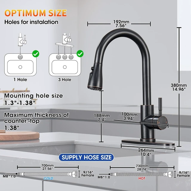 Alt view image 7 of 7 - Oil Rubbed Bronze Kitchen Faucets with Pull Down Sprayer, High Arc Single Handle Stainless Steel Kitchen Sink Faucet for 1 or 3 Hole, Ideal for Farmhouse RV Laundry Bar Camper & Commercial
