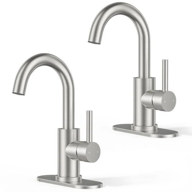 Main image of Bathroom Faucet 1 Hole 2 Pack Single Handle Sink Faucet Nickel with 6-inch Deck Plate for 1 or 3 hole(4-inch centerset)Sink Setup, Supply Lines and Drain, Swivel for Bar Kitchen RV Vanity