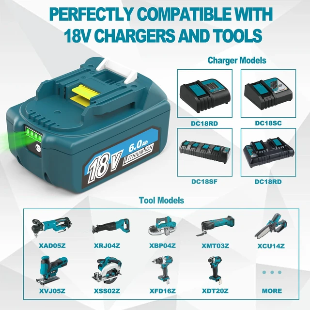 Alt view image 5 of 7 - 6.0Ah 18V Battery Replacement for Makita 18V Lithium Battery Compatible with Makita 18v Tools BL1860B BL1815 1830B 1840B 1850B Fit with Original makita 18V Battery Chargers (2 Pack)