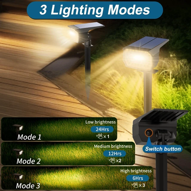 Alt view image 3 of 6 - Solar Spot Light Outdoor Landscape Spotlights 6 Pack Warm White 46LED, 3 Mode, Auto On/Off Landscape Spotlights Solar Powered Flood Lights for Outside Pathway Yard Garden House Walkway Tree
