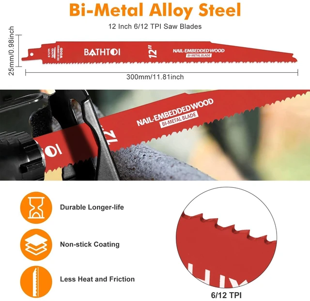 Alt view image 2 of 7 - 25 Pack 12 Inch 6/12 Tpi Reciprocating Saw Blades for Nail-Embedded Wood for Wood & Nail-Embedded Wood, Bi-Metal Sawzall Blades, Dual Tooth Design, with 8% Cobalt, Longer Life & Faster Cutting Speed