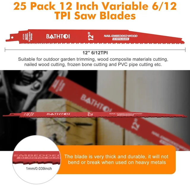 Alt view image 5 of 7 - 25 Pack 12 Inch 6/12 Tpi Reciprocating Saw Blades for Nail-Embedded Wood for Wood & Nail-Embedded Wood, Bi-Metal Sawzall Blades, Dual Tooth Design, with 8% Cobalt, Longer Life & Faster Cutting Speed