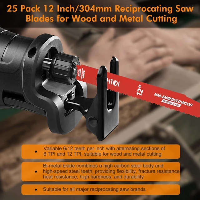 Alt view image 6 of 7 - 25 Pack 12 Inch 6/12 Tpi Reciprocating Saw Blades for Nail-Embedded Wood for Wood & Nail-Embedded Wood, Bi-Metal Sawzall Blades, Dual Tooth Design, with 8% Cobalt, Longer Life & Faster Cutting Speed