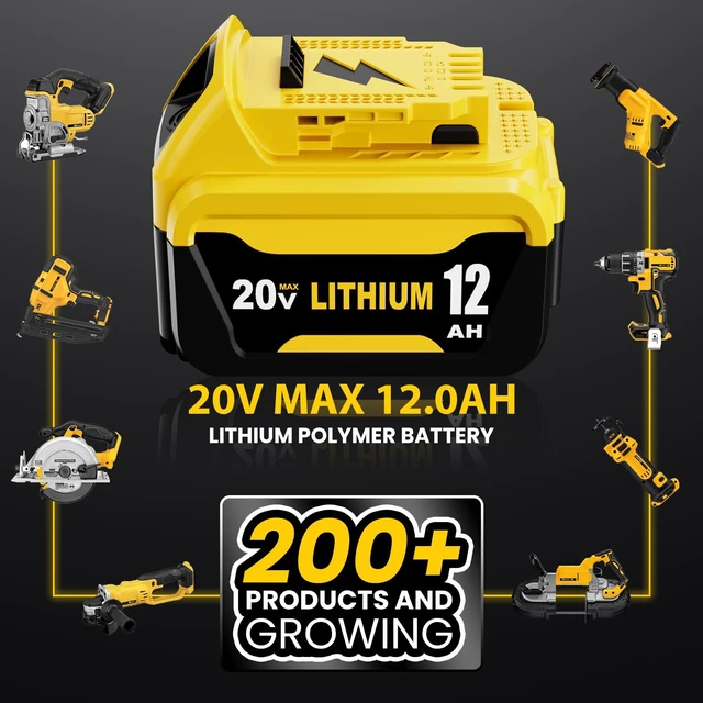 Alt view image 6 of 7 - 2- Pack 12.0Ah Replacement for Dewalt 20V MAX Battery and DCB102 Charger Compatible with Dewalt 20V Battery Lithium DCB207 DCB206 DCB204 DCB200 DCB201 DCB203 Series Tool(Yellow)